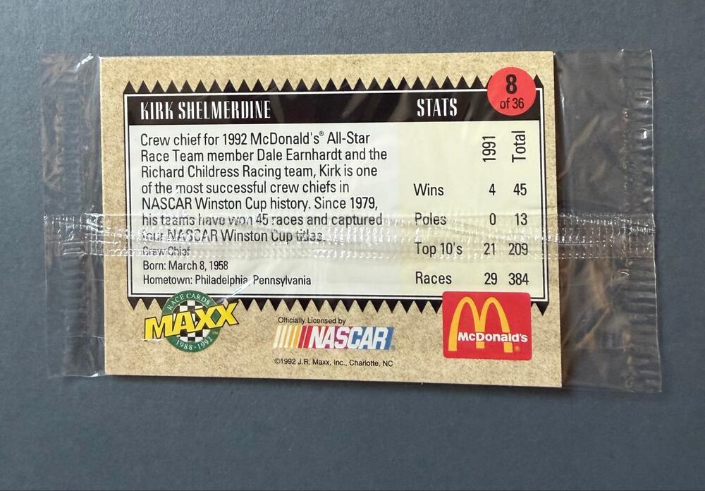 Kirk Shelmerdine NASCAR vintage McDonald’s All Star race team 1992 card pack